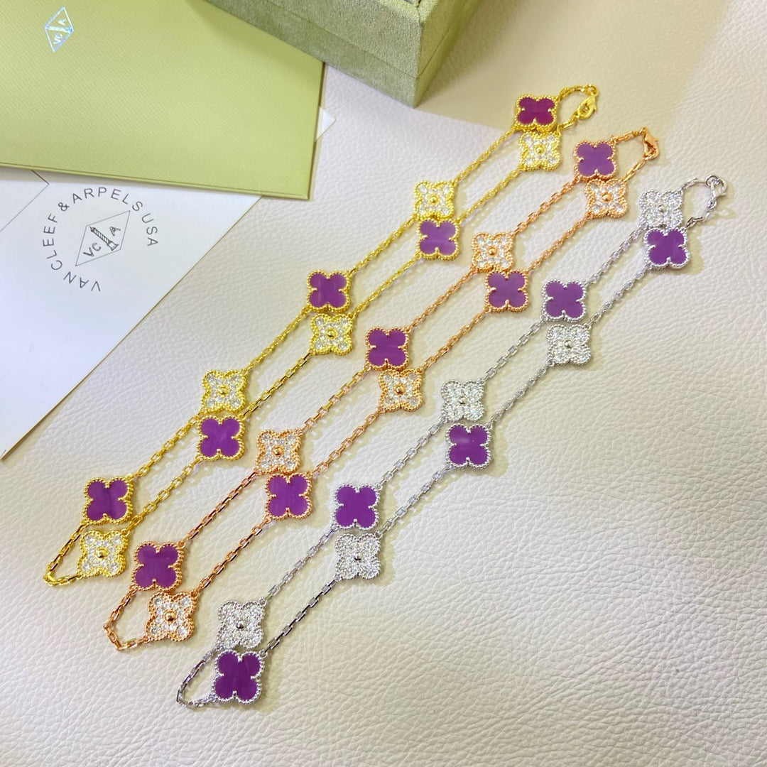 AuraJewelry®クローバー10モチーフ パープルバイオレットダイヤモンドネックレス