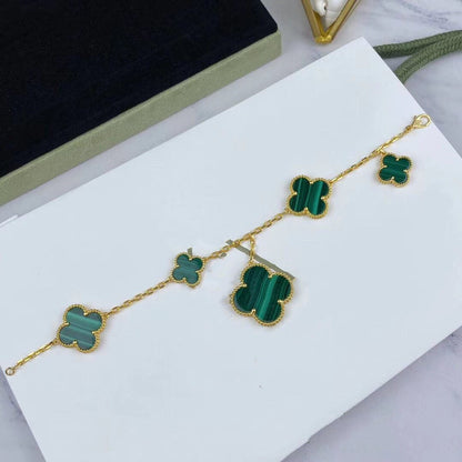 「AuraJewelry」マジック クローバー マラカイト ゴールド ブレスレット 5モチーフ