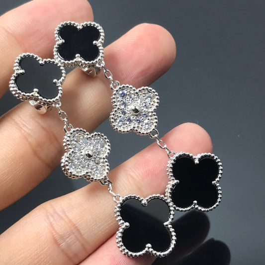 ¡®AuraJewelry¡¯CLOVER 3 MOTIF DIAMOND ONYX SILVER EARRINGS