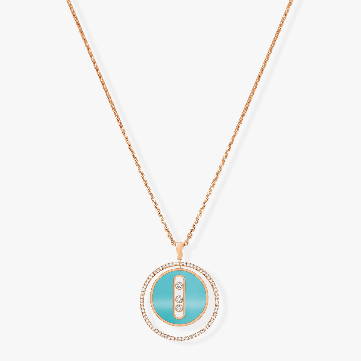[AuraJewelry]LUCKY MOVE 3 DIAMONDS TURQUOISE PINK GOLD DIAMOND NECKLACE