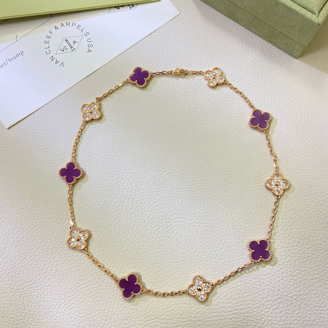 AuraJewelry®クローバー10モチーフ　パープルバイオレットダイヤモンドネックレス