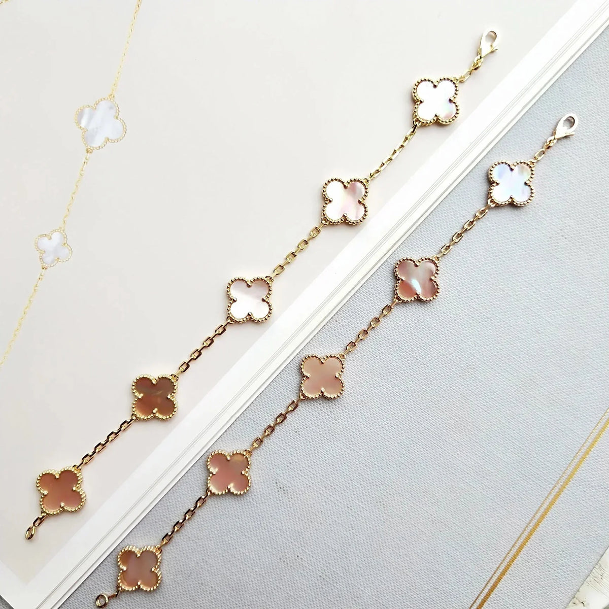 [AuraJewelry]新作 クローバー 5モチーフ ピンクマザーオブパール ブレスレットコレクション