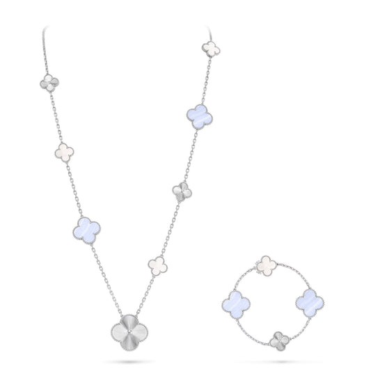 [AuraJewelry]DETACHABLE CLOVER 15(11+4) FLOWER SILVER NECKLACE SET